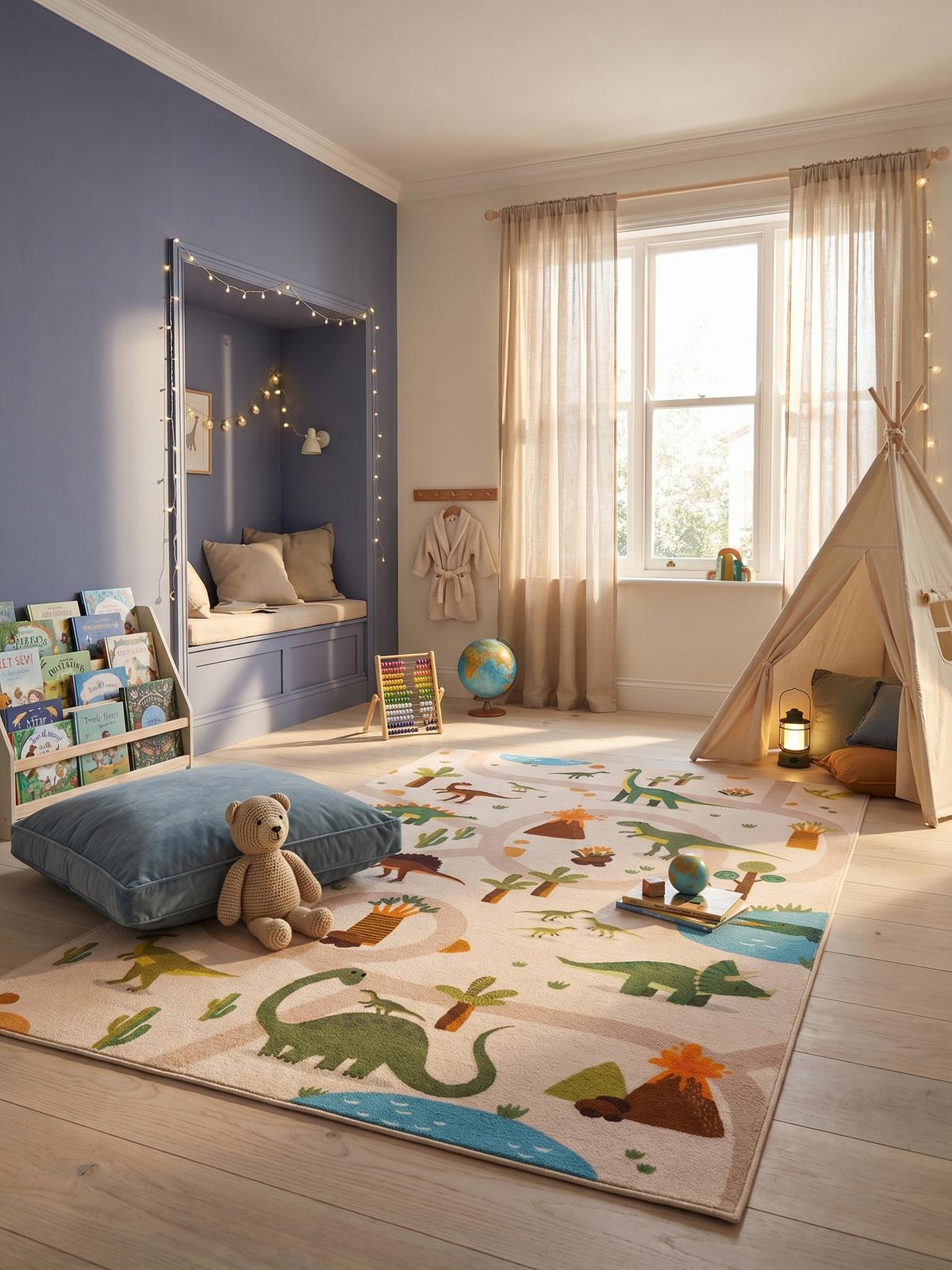 SPIELTEPPICH Waschbar TINO in Beige, mit Dino-Landschaft, 140 x 200 cm - Beige, Textil (200/140cm) - KADIMA DESIGN