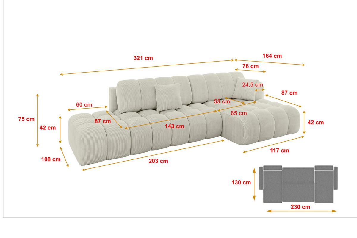 ECKSOFA mit Schlaffunktion Ottomane RECHTS OLEA-L2 321x164x75 Creme Cord - Ecru/Schwarz, Holzwerkstoff/Kunststoff (164/321cm) - ALTDECOR