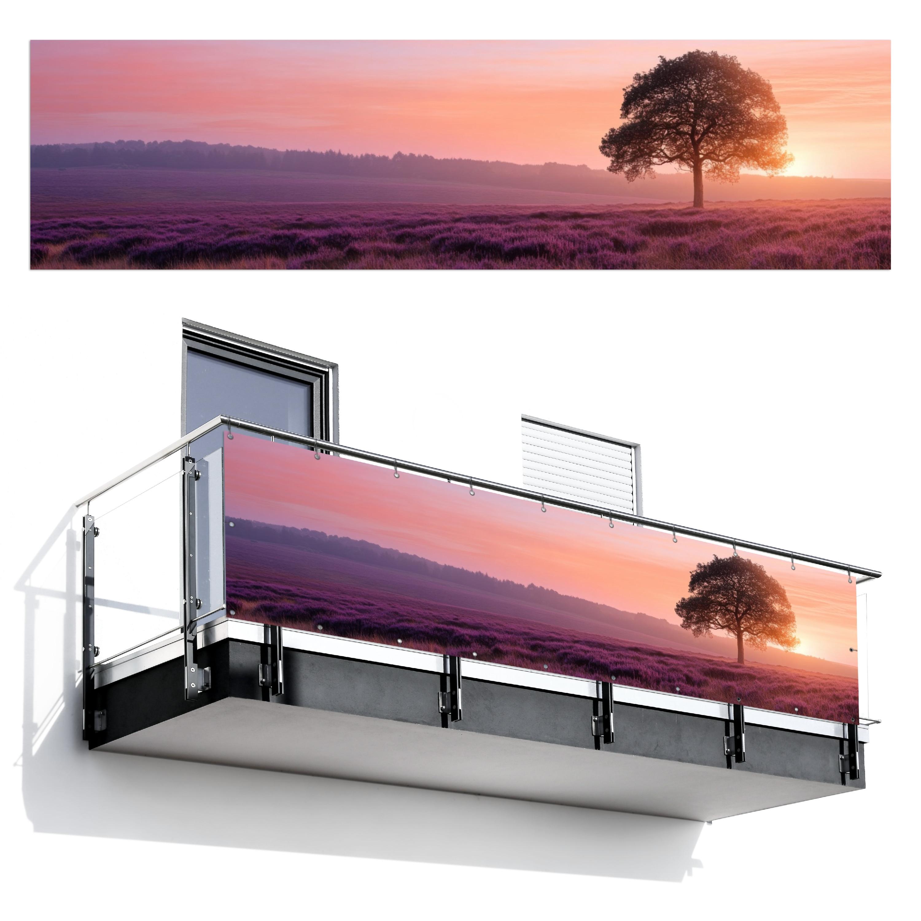BALKON-SICHTSCHUTZ Baum - Heidekraut - Sonnenaufgang Witterungsbeständig 300x75 cm - Flieder, Kunststoff (300/75cm) - MuchoWow