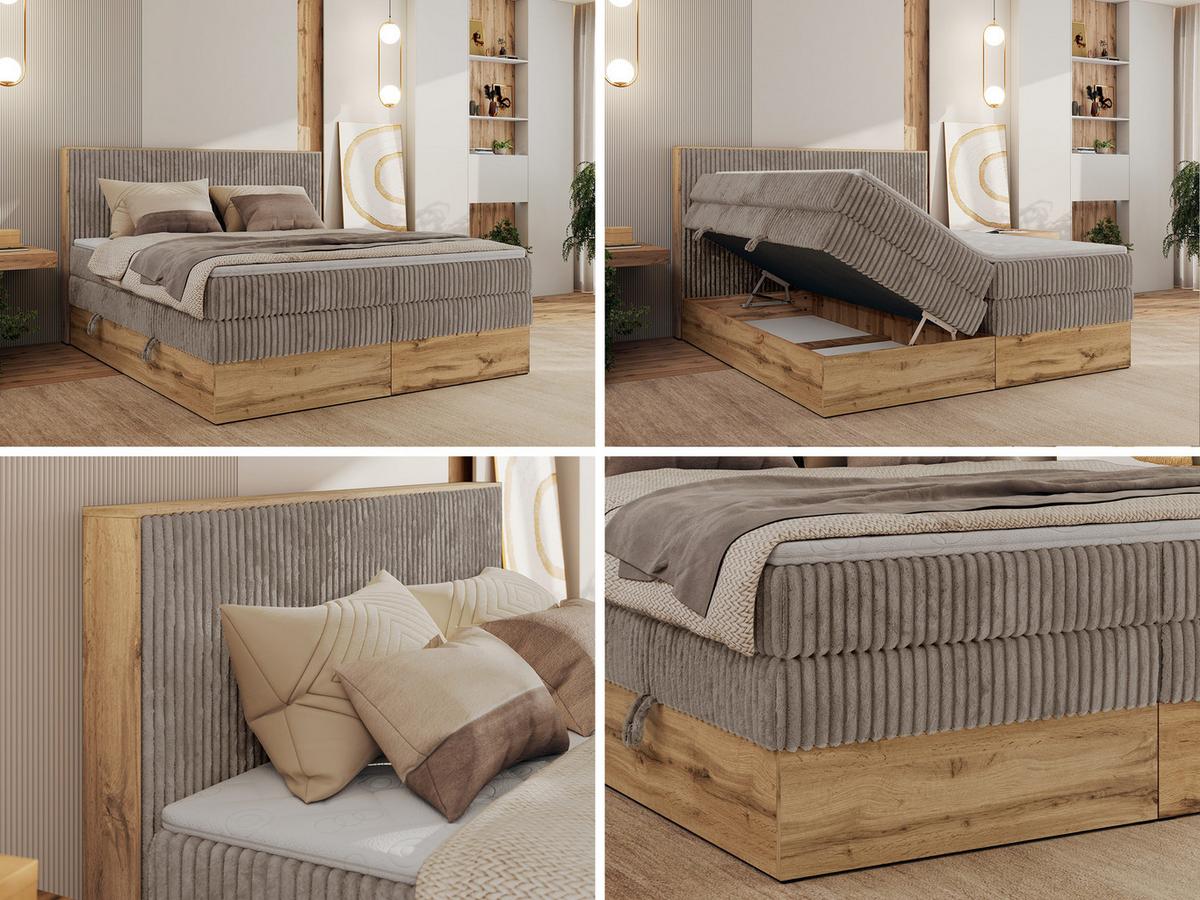 BOXBETT WOOD CLASSIC KING 200/200 - Hellbraun Cord - H3 - Hellbraun, Textil (200/200cm) - MKS