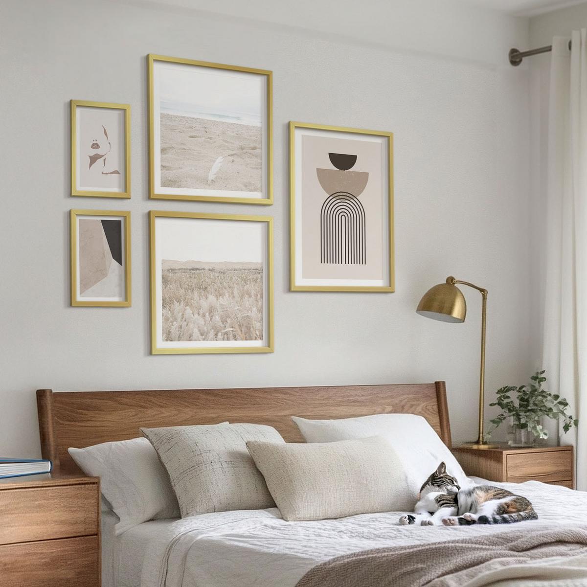 BILDER SET 5er Set - 50x50 cm & 20x30 cm & 40x60 cm Goldrahmen - Abstrakte weiß-braune Muster - Goldfarben, Kunststoff (40/60cm) - TULUP