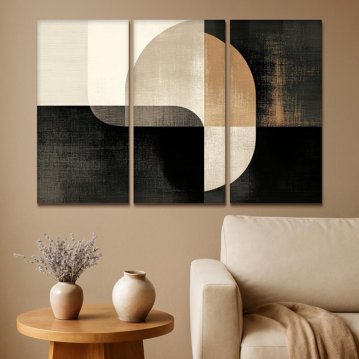 LEINWANDBILD 3er Set Formen - Abstrakt - Gold 120x80 cm - Schwarz, Textil (120/80cm) - MuchoWow