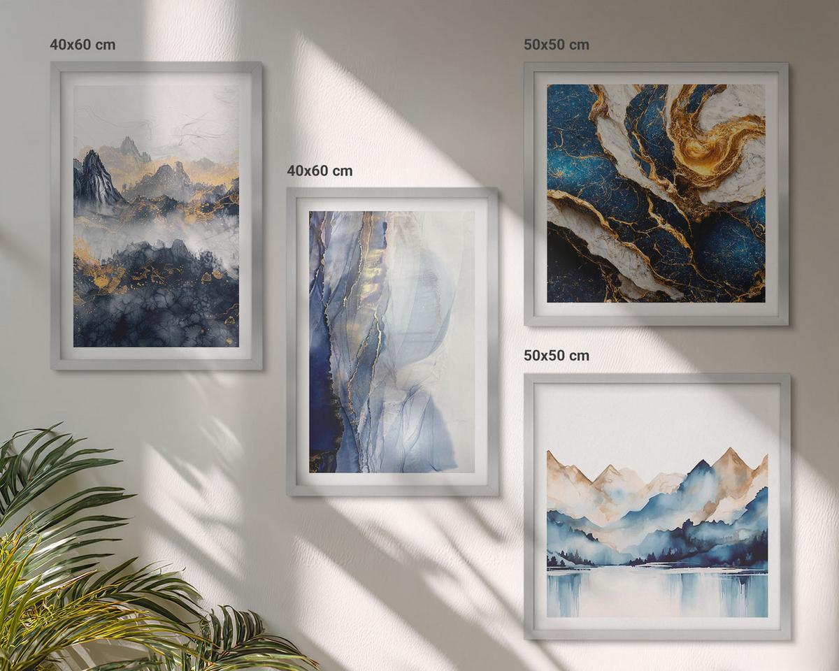 BILDER SET 4er Set - 50x50 cm & 40x60 cm Silberner Rahmen - Blaue Berglandschaften - Silberfarben, Kunststoff (50/50cm) - TULUP