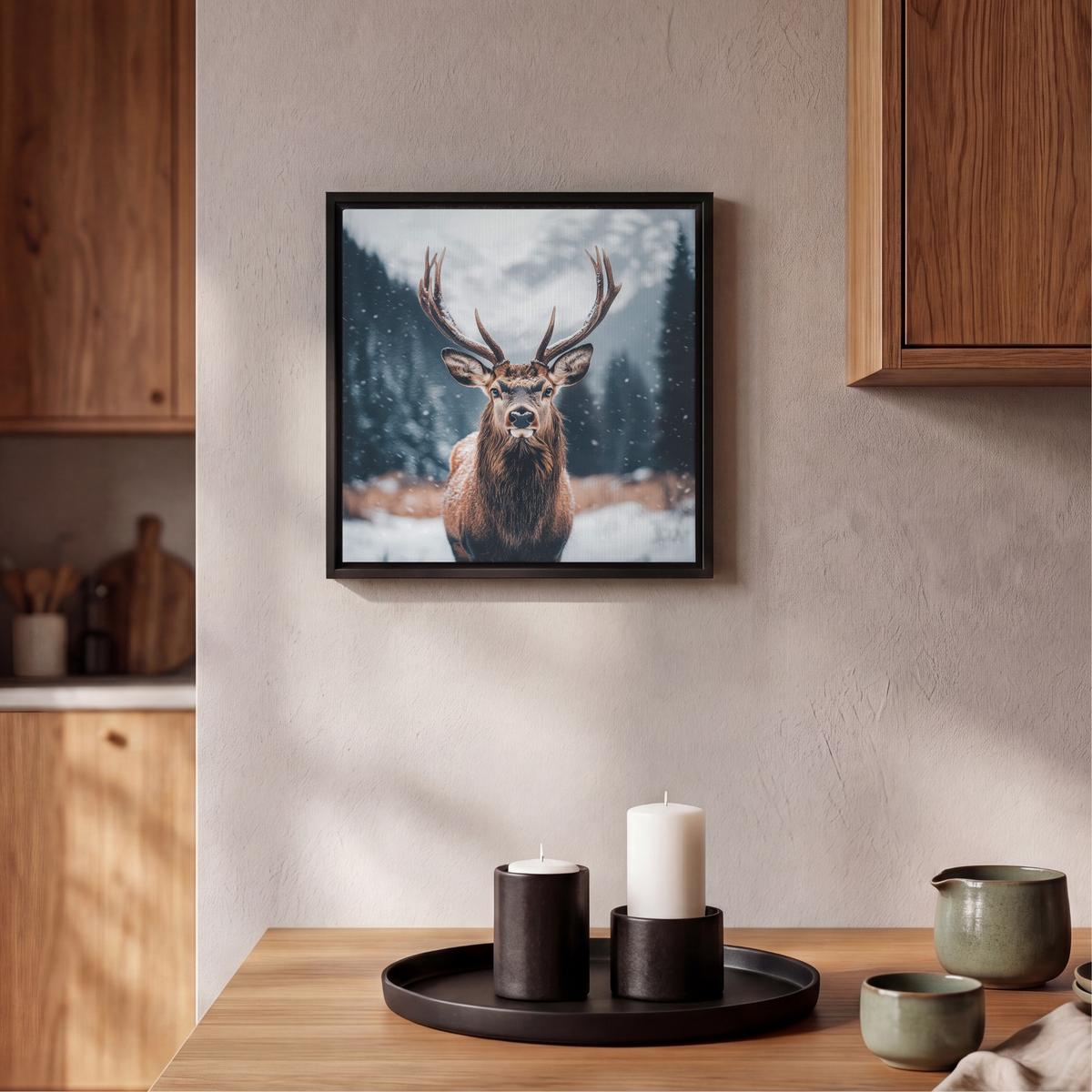 LEINWAND Bilder mit Rahmen - Hirsche - Tiere - Landschaft - Winter - Schnee - 20x20 - Kastanienfarben, Textil (20/20cm) - MuchoWow