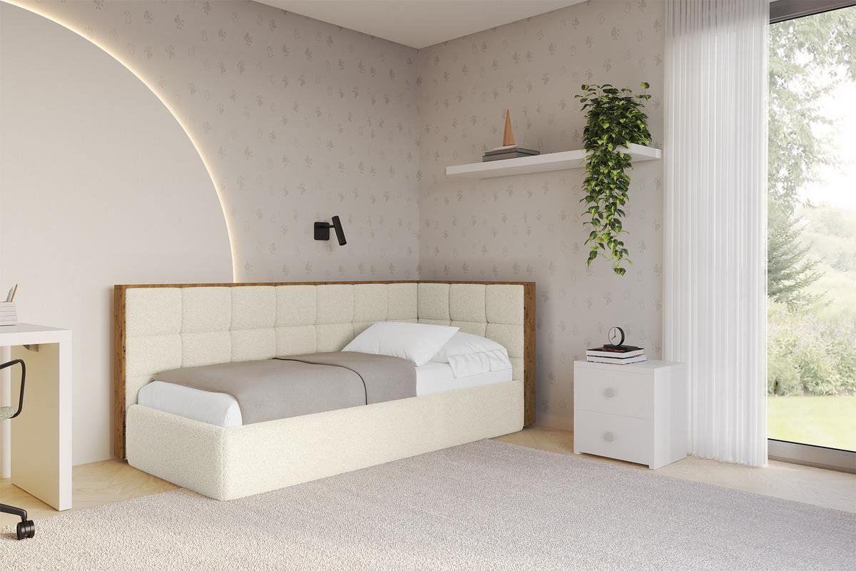 EINZELLBETT Jugendbett mit Bettkasten und Matratze H3/H4, Links - SOVY 80x200 Beige - Champagner, Holzwerkstoff/Textil (80/200cm) - ALTDECOR