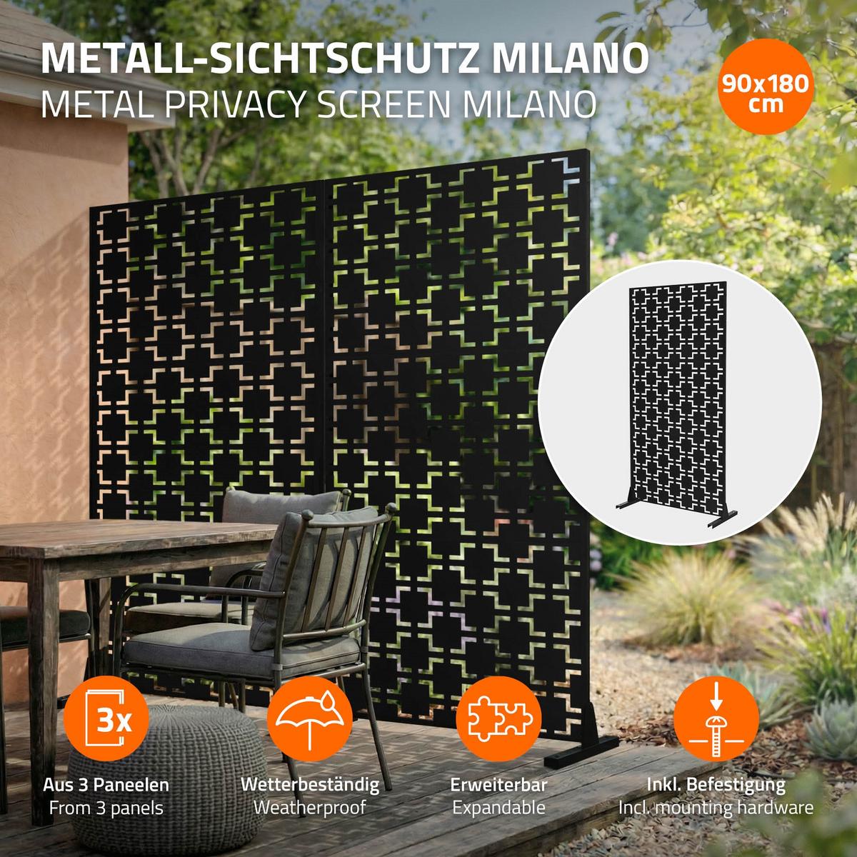 METALL-SICHTSCHUTZ Milano 90x180 cm Schwarz aus Stahl - Schwarz, Metall (90/183cm) - ML-DESIGN