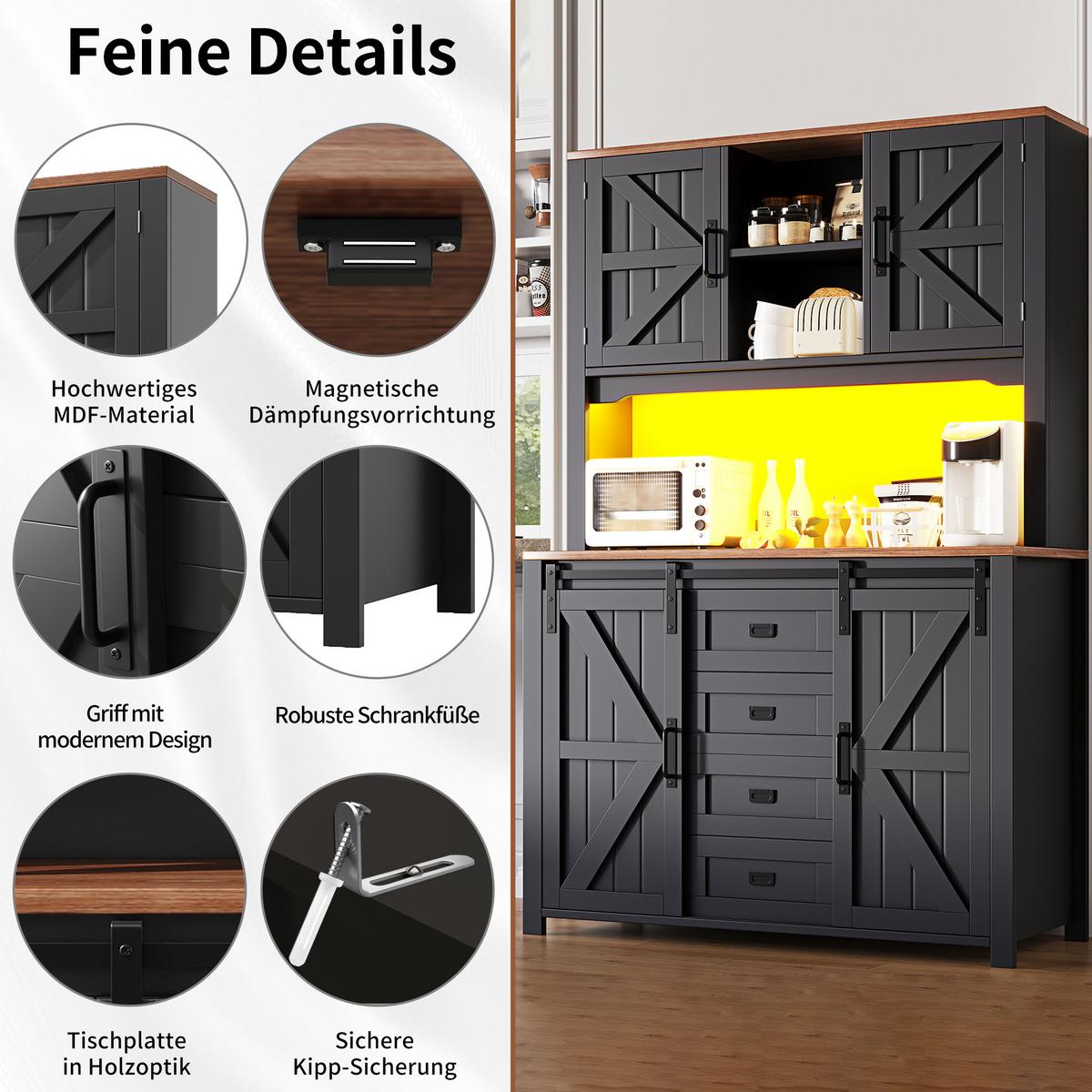HIGHBOARD in Schwarz mit LED & Schiebetüren - Dunkelblau, Holzwerkstoff (115/175/40cm) - Urban Meuble