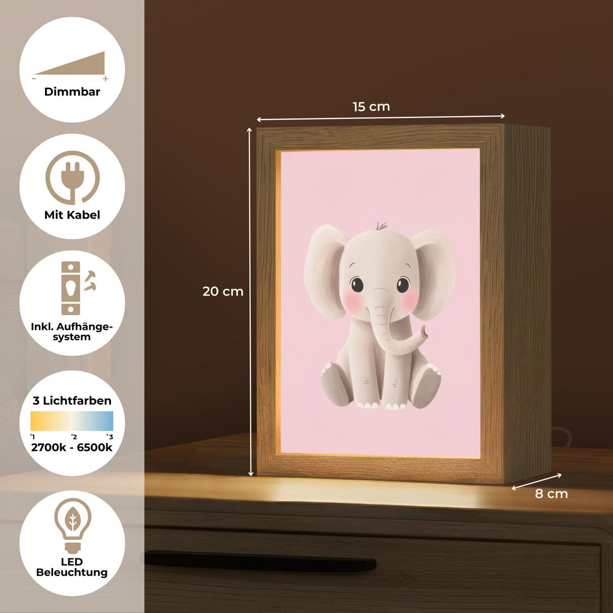 NACHTTISCHLAMPE Elefant - Baby - Rosa - Cartoon 15x20 cm - Rosa, Holzwerkstoff (8/15/20cm) - OnlyWow