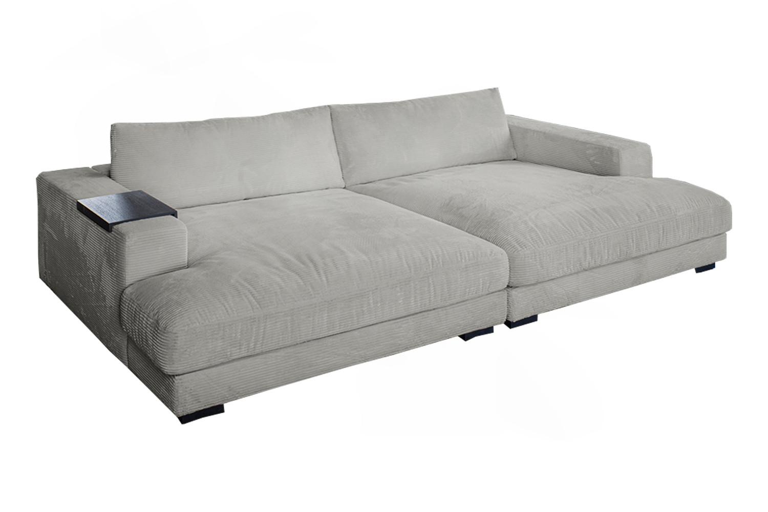 BIG SOFA XL MIT TABLETT MADELINE Hellgrau Cord - Hellgrau/Schwarz, Kunststoff/Textil (290/85/190cm) - KAWOLA