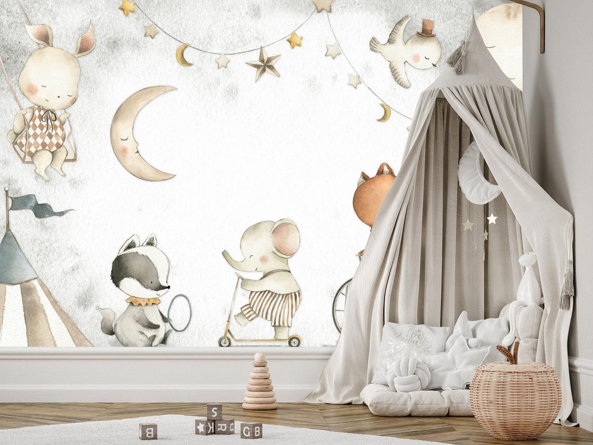 FOTOTAPETE für Kinderzimmer Zirkus Tiere Elefant Fuchs Monde Sterne 100x70 - Gelb/Beige, Papier (100/70cm) - Muralo