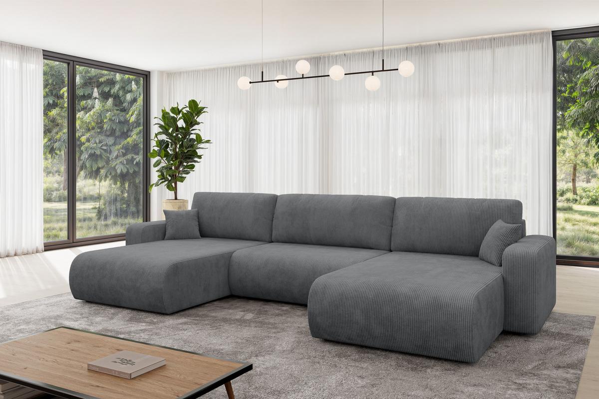 WOHNLANDSCHAFT mit Schlaffunktion und Bettkasten BERY-U 377x193x88 Dunkelgrau Cord - Dunkelgrau/Schwarz, Holzwerkstoff/Kunststoff (377/88/193cm) - ALTDECOR