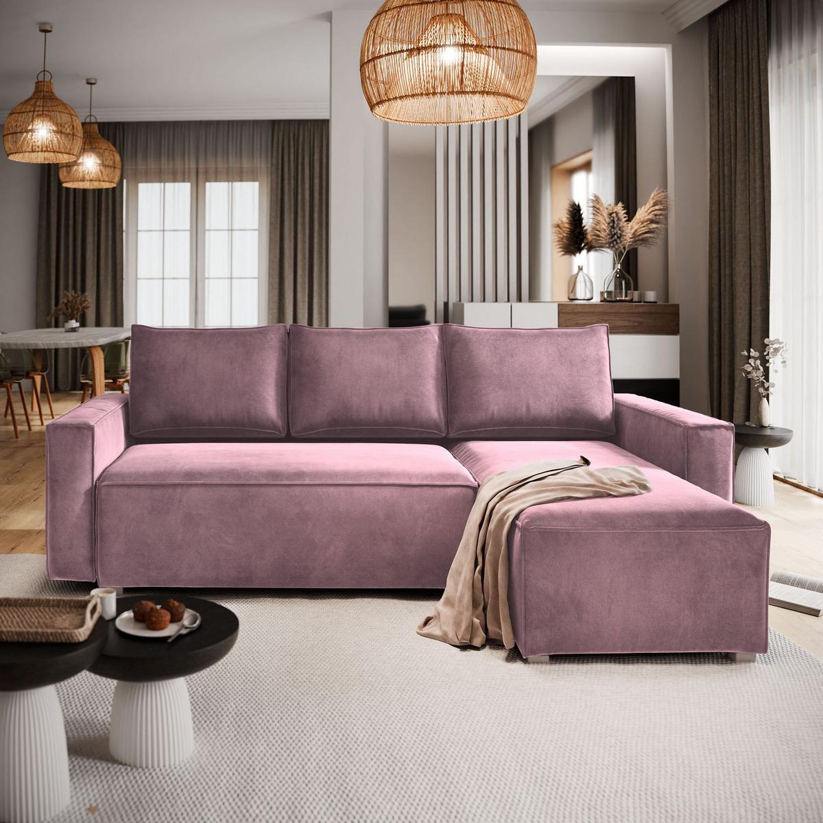ECKSOFA SILES Lila Velours-Stoff mit Schlaffunktion - Lila/Grau, Holz/Kunststoff (230/140cm) - MASSENO
