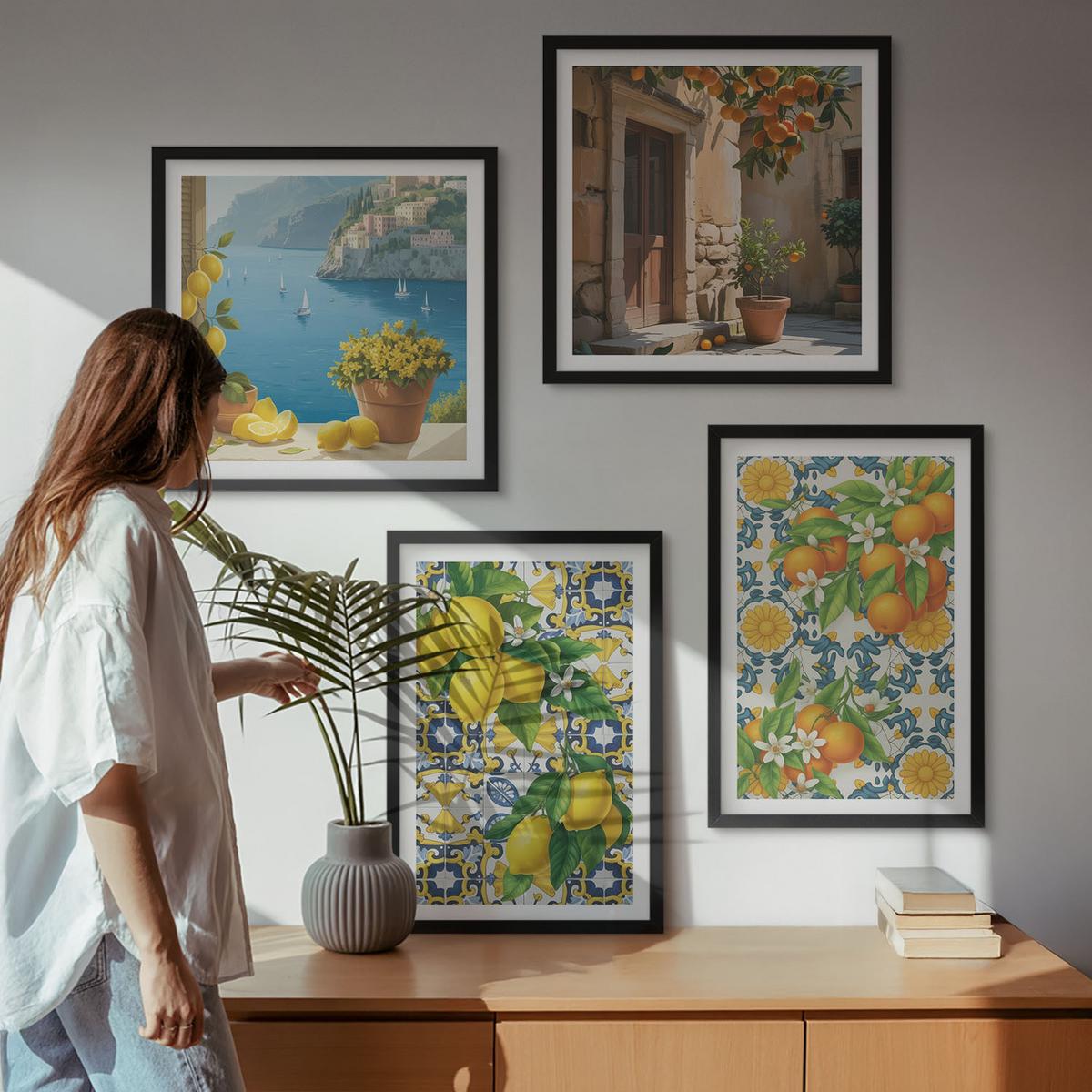 BILDER SET 4er Set - 50x50 cm & 40x60 cm Schwarzer Rahmen - Zitronen, Blumen, Orangen, Italien - Schwarz, Kunststoff (50/50cm) - TULUP