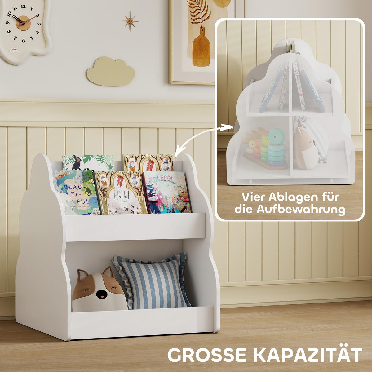 KINDER-BÜCHERREGAL mit Rädern 4 Regalen - Weiß, Holzwerkstoff (54/56/50cm) - AIYAPLAY