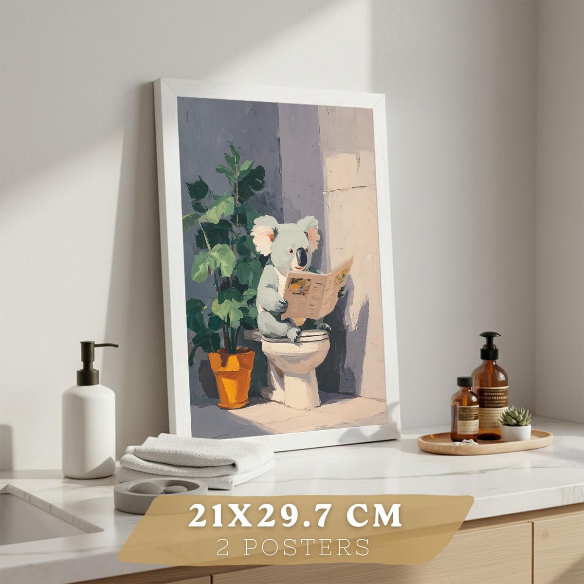 POSTER 2er-Set dekorative Badezimmer-Kunstdrucke und lustige für Wand, Waschbecken, Toilette mit lesenden Tieren im Badezimmer, Stil Weißer Rahmen A4 - Weiß, Papier (29.7/21/3cm) - Nacnic