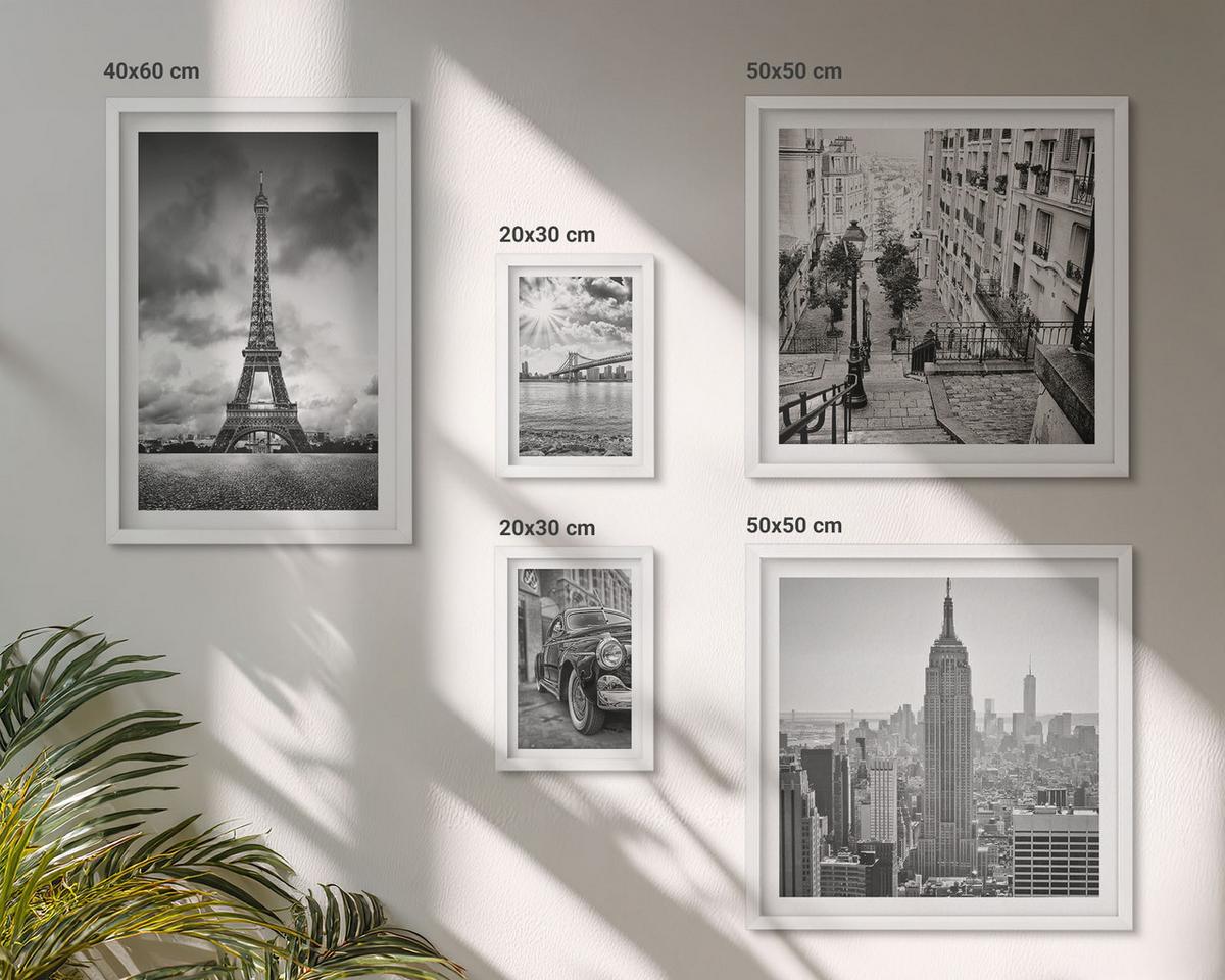 BILDER SET 5er Set - 50x50 cm & 20x30 cm & 40x60 cm Weißer Rahmen - Neonlinienwellen im Hintergrund - Weiß, Kunststoff (40/60cm) - TULUP
