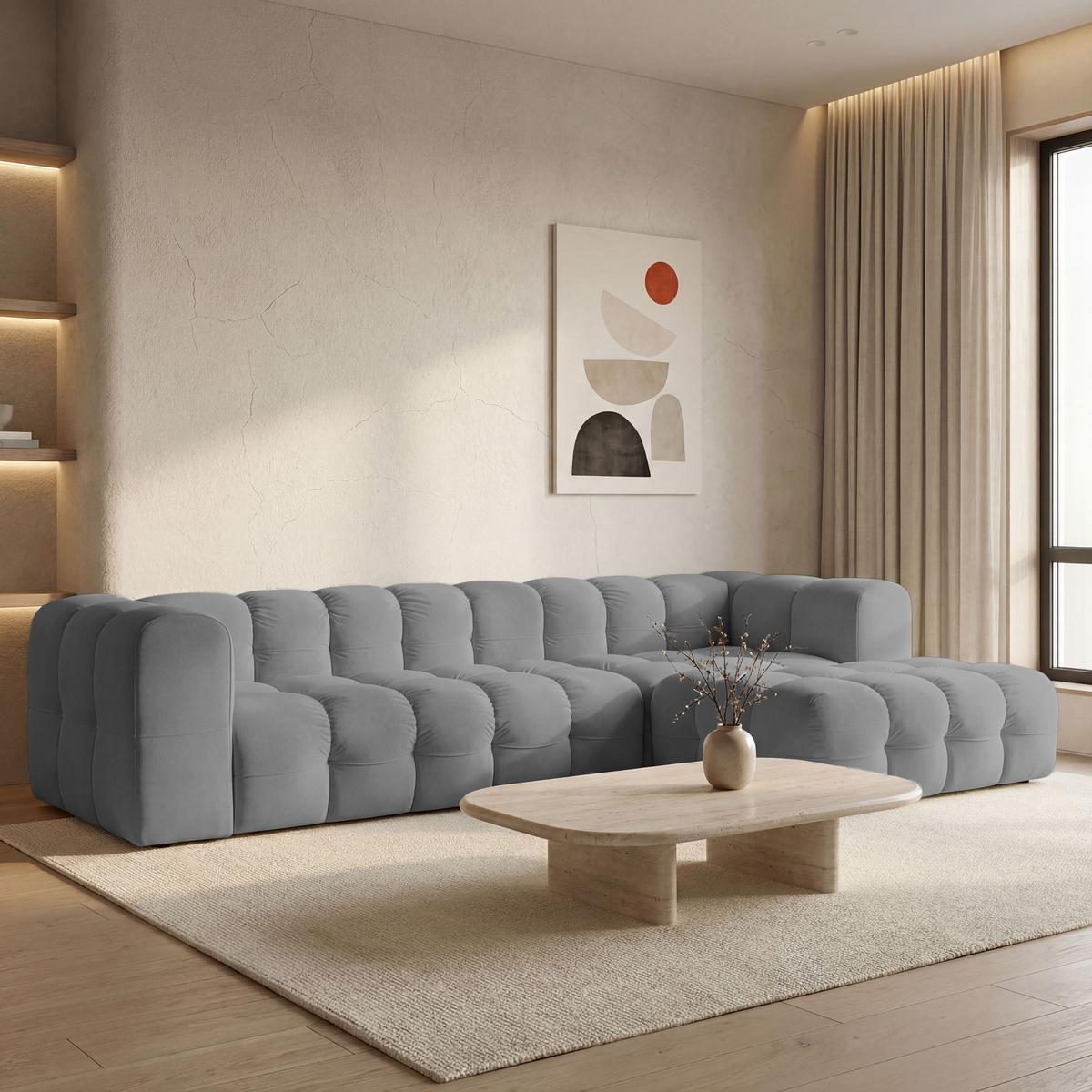 ECKSOFA Mochi L-Form 5-Sitzer Rechts, Samt, Grau 290/75/193 cm - Schwarz/Grau, Kunststoff/Textil (290/193cm) - WFL GROUP