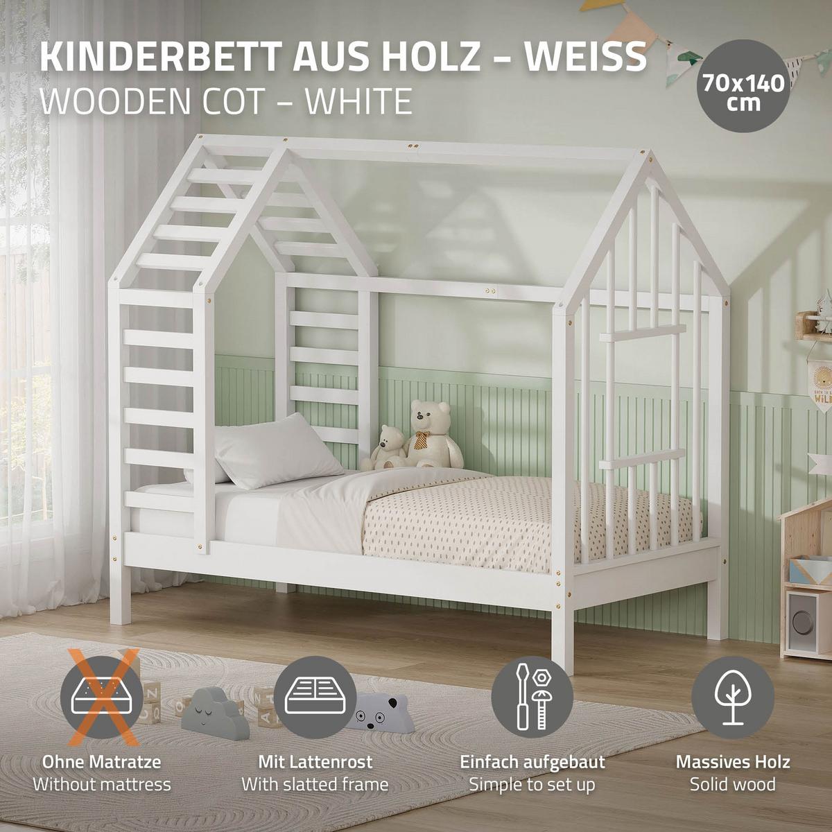 KINDERBETT 70x140 cm mit Lattenrost Dach und Fenster Hausbett aus massivem Kiefernholz Weiß - Weiß, Holz (70/140cm) - ML-DESIGN