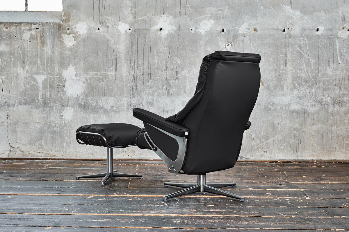 RELAXSESSEL MIT HOCKER MODO Schwarz Leder - Silberfarben/Schwarz, Leder/Metall (81/98/90cm) - KAWOLA