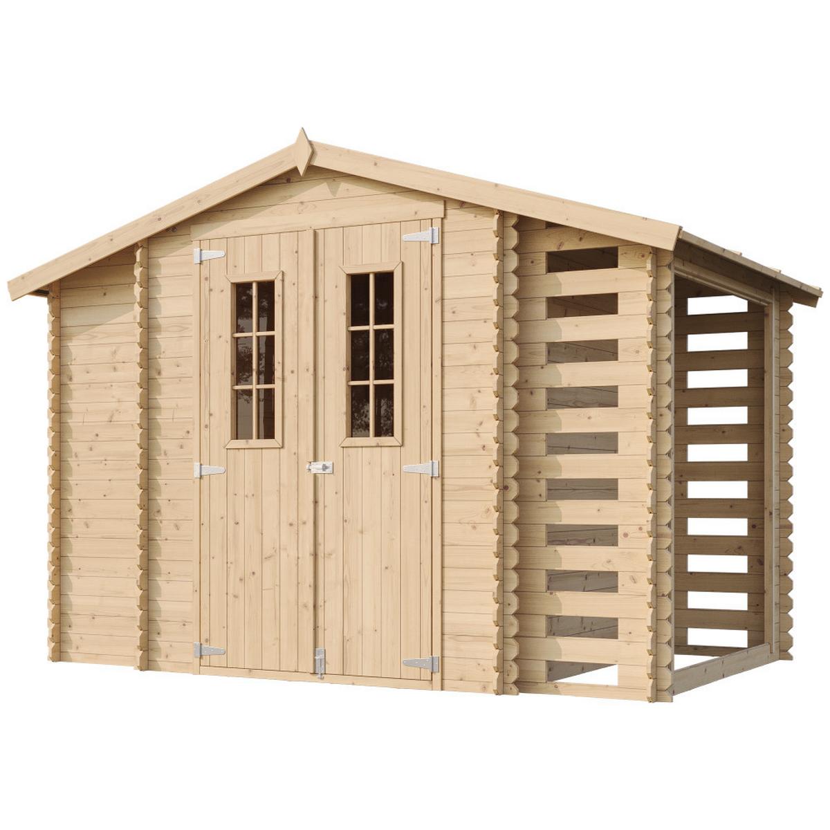 HOLZHAUS GARTENHAUS mit Brennholzschuppen M389C+M389G - mit imprägniertem Boden- 3,53 + 0,97 + 0,97 m2 - Beige, Holz (312/218/206cm) - Timbela