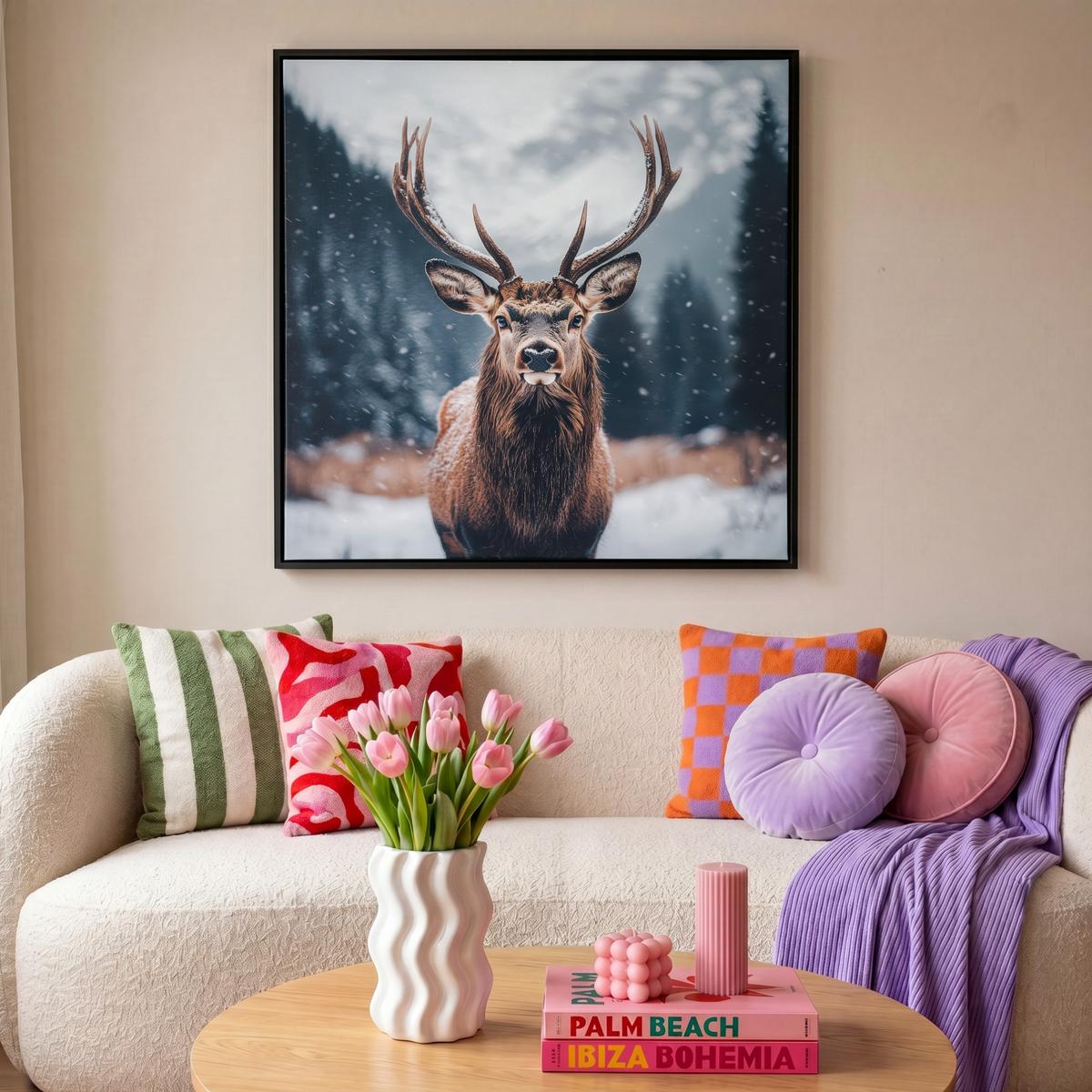 LEINWAND Bilder mit Rahmen - Hirsche - Tiere - Landschaft - Winter - Schnee - 90x90 - Kastanienfarben, Textil (90/90cm) - MuchoWow
