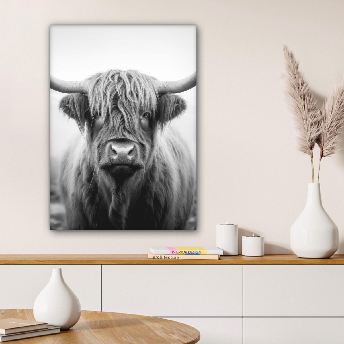 LEINWANDBILD Schottischer Highlander - Nebel - Schwarz - Weiß Wandbild Wohnzimmer 60x80 cm - Grau, Textil (60/80cm) - MuchoWow