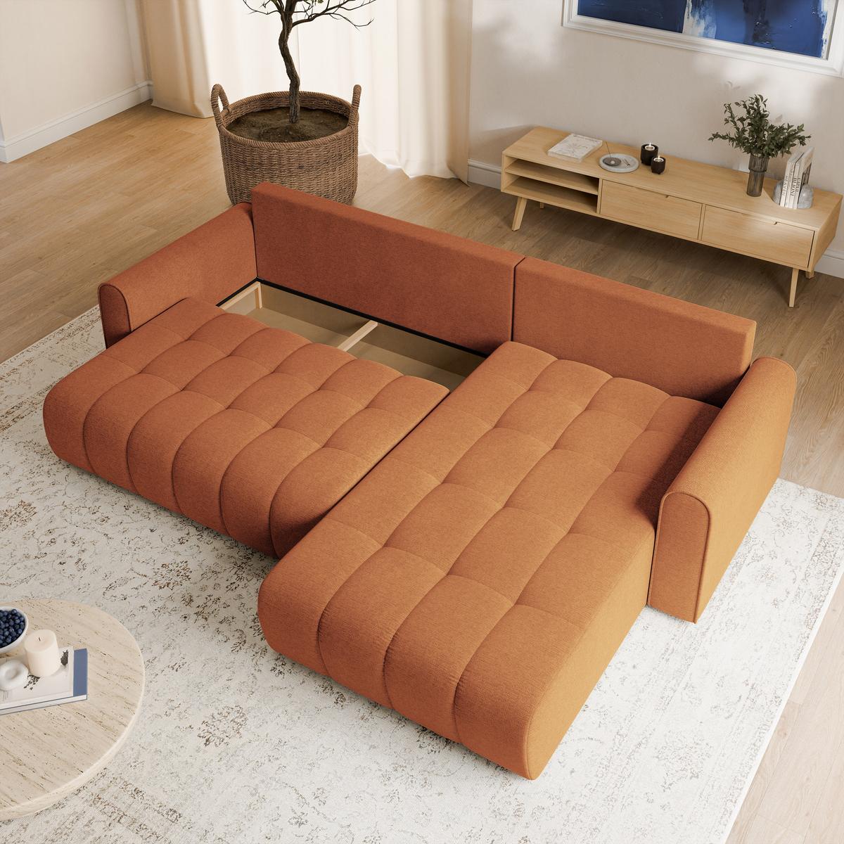 ECKSOFA FRIGA Orange Strukturstoff mit Schlaffunktion - Orange, Holz (283/185cm) - MASSENO
