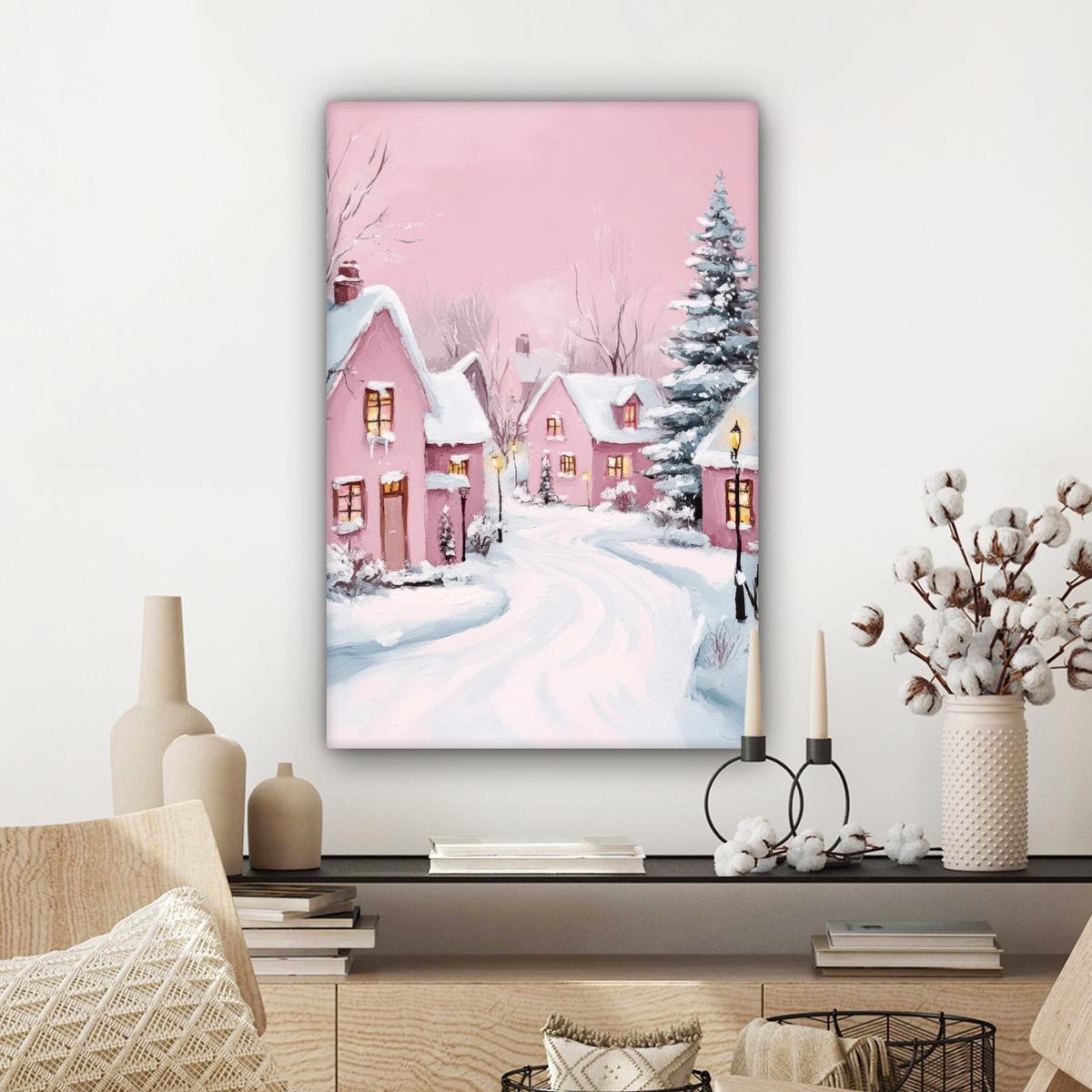 LEINWANDBILD Weihnachtsdorf - Rosa - Winter - Schnee - Häuser Wanddeko Schlafzimmer 60x90 cm - Altrosa, Textil (60/90cm) - MuchoWow