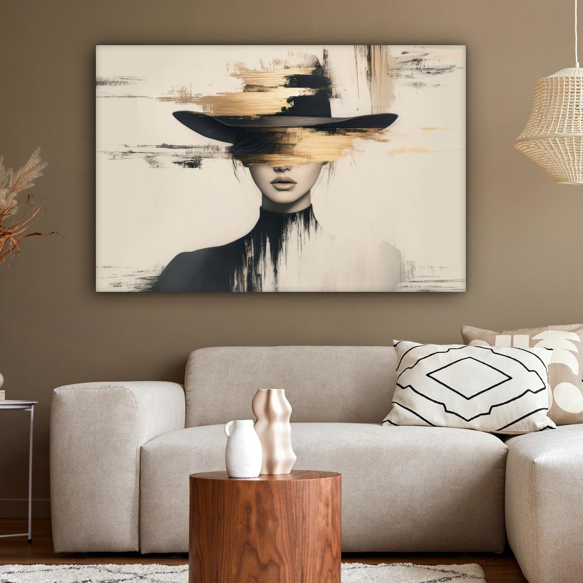 LEINWANDBILD Frau - Hut - Farbe Wohnzimmer Groß 120x80 cm - Goldfarben, Textil (120/80cm) - MuchoWow