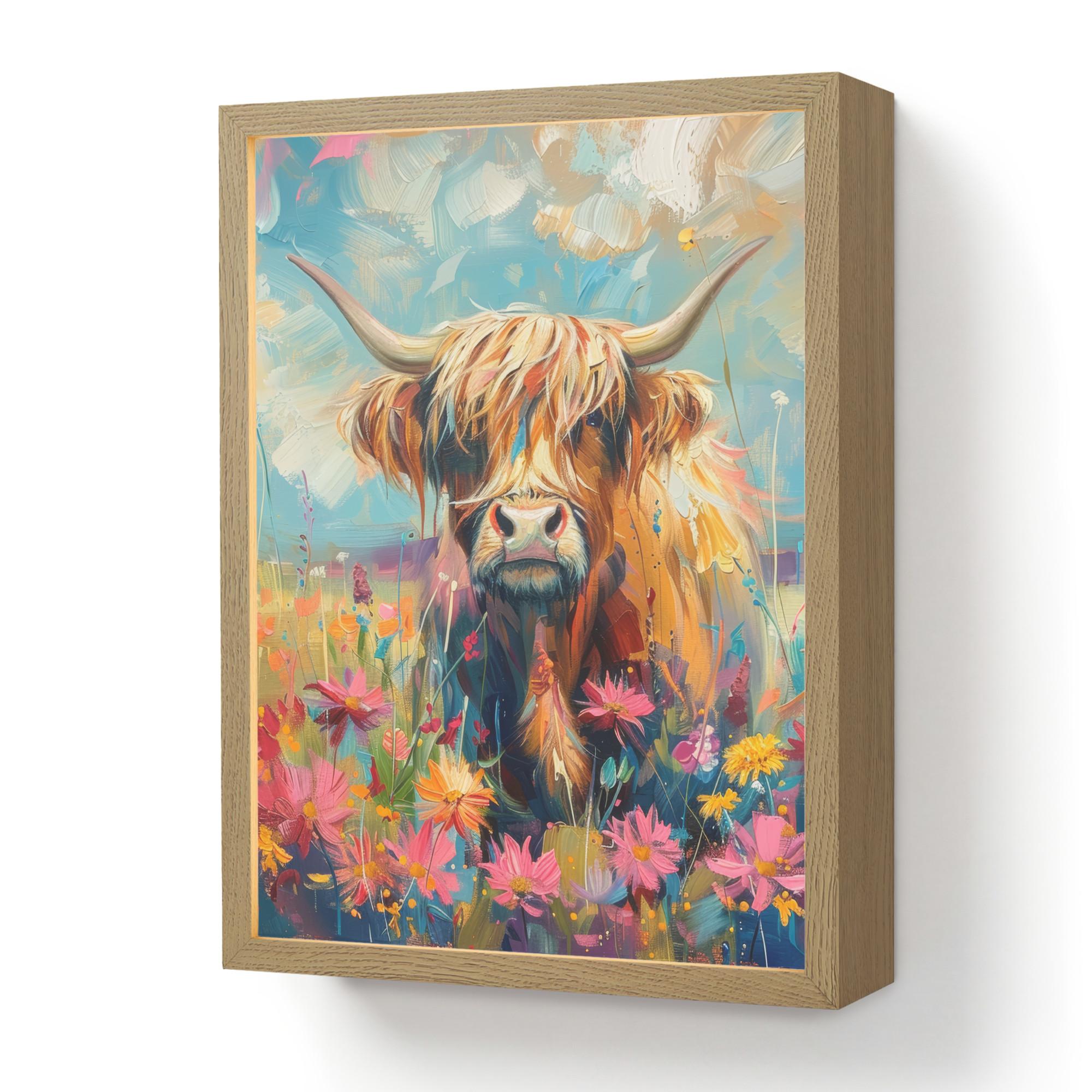 WANDLEUCHTE MIT AKKU Schottische Hochländer - Natur - Farbenfroh - Blumen 30x40 cm - Multicolor, Holzwerkstoff (30/40/8cm) - OnlyWow