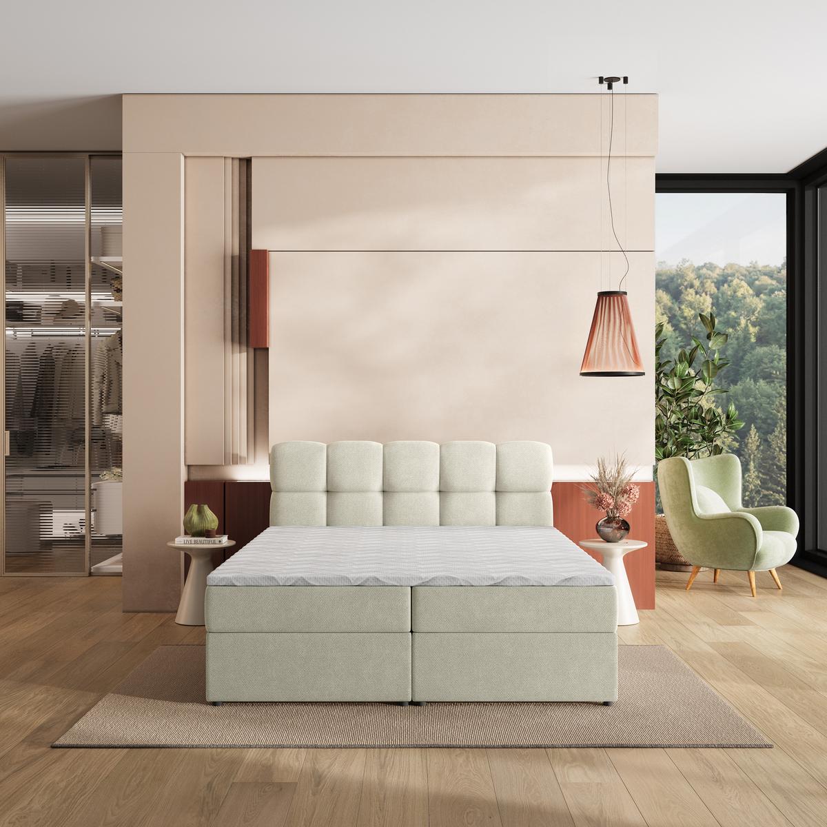 BOXBETT MERU 200x200 cm mit Matratze und Topper, H2+H3 - Creme - Creme, Holz (200/200cm) - MASSENO