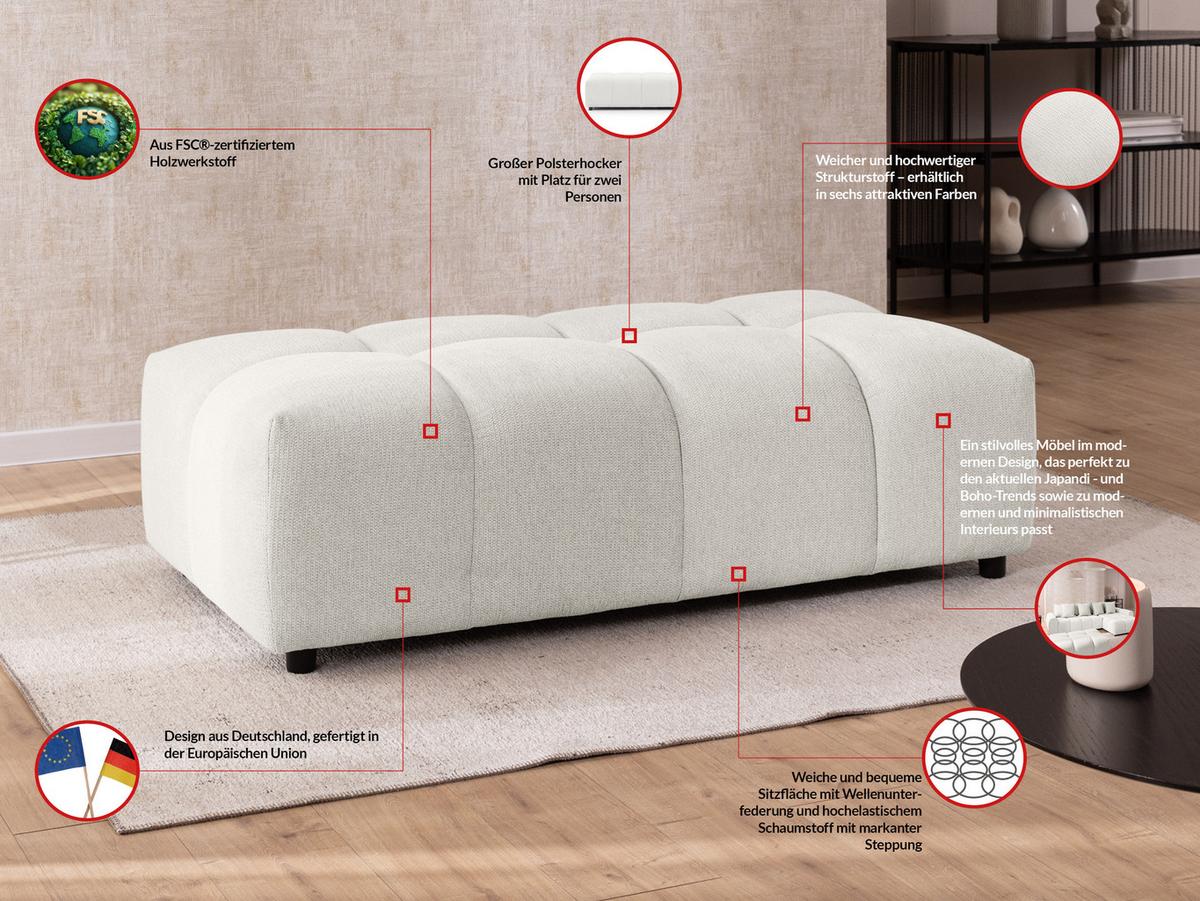 HOCKER Bubble mit Sitzfläche in Bubble-Optik aus weichem Creme Strukturstoff mit schöner Sitzkomfort - Creme/Schwarz, Holz/Kunststoff (147/42/74cm) - S-Style Möbel