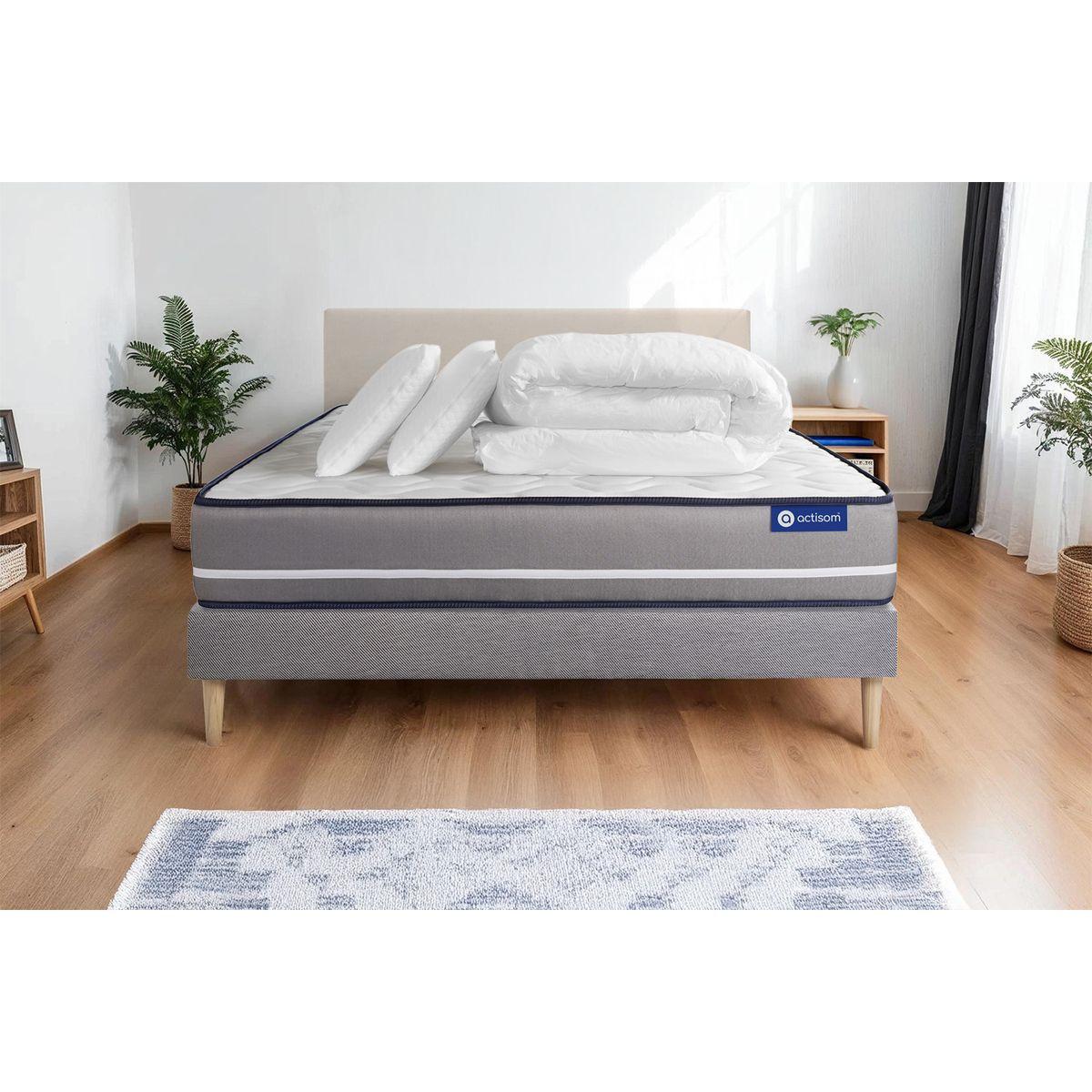 BETT Actiflex pur Taschenfederkern 160 x 200 cm h3 - Kit Bettgestell Grau - Mit Kissen und Bettdecke - Beige/Grau, Karton/Holz (160/200cm) - ACTISOM