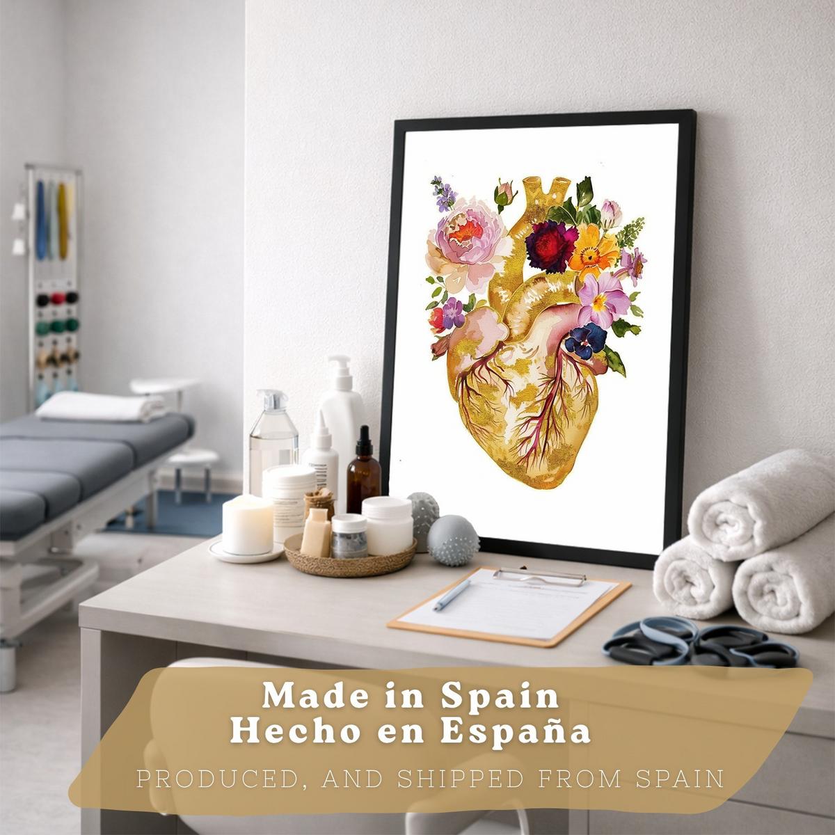 POSTER Set aus 3 Anatomie Mensch Drucke und Wandbilder mit Herz Gehirn und Skelett Goldenes Florales Design Wanddekoration Größe Schwarzer Rahmen A4 - Schwarz, Papier (21/29.7/3cm) - Nacnic
