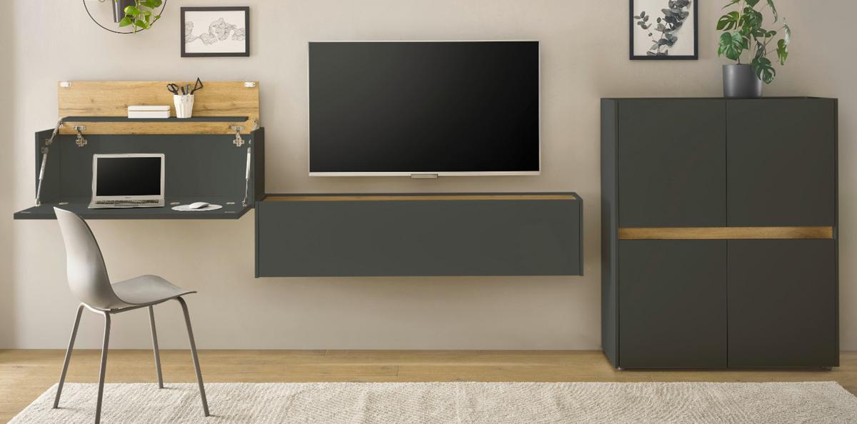 WOHNWAND 3-teilig grau matt, Eiche Wotan 370 cm, Schrankwand mit Sekretär - Eiche Wotan/Grau, Holzwerkstoff/Kunststoff (370/122/40cm) - Furn.Design