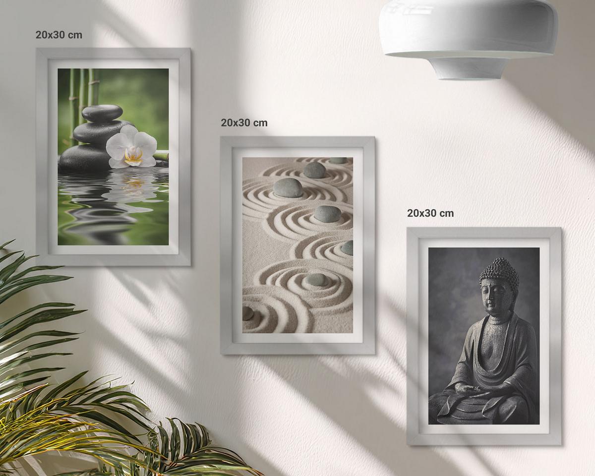 BILDER SET 3er Set - 20x30 cm Silberner Rahmen - Entspannender Blick auf den Zen-Buddha - Silberfarben, Kunststoff (20/30cm) - TULUP