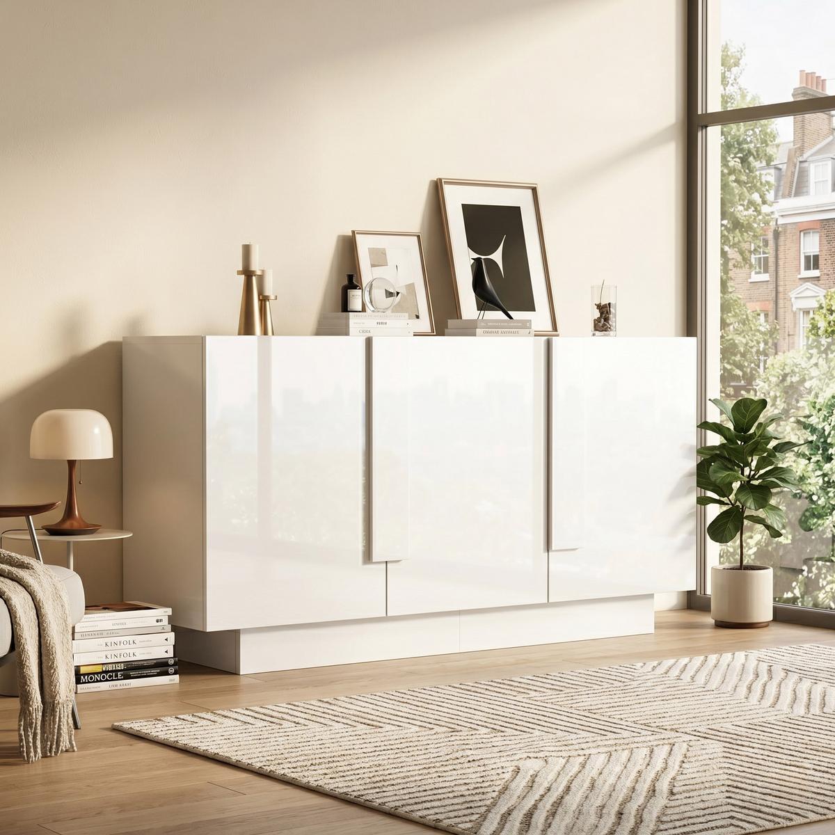 SIDEBOARD 160cm Weiß Hochglanz – Kommode mit 3 Türen & 6 Fächern - Weiß, Holzwerkstoff (35/60/160cm) - Urban Meuble