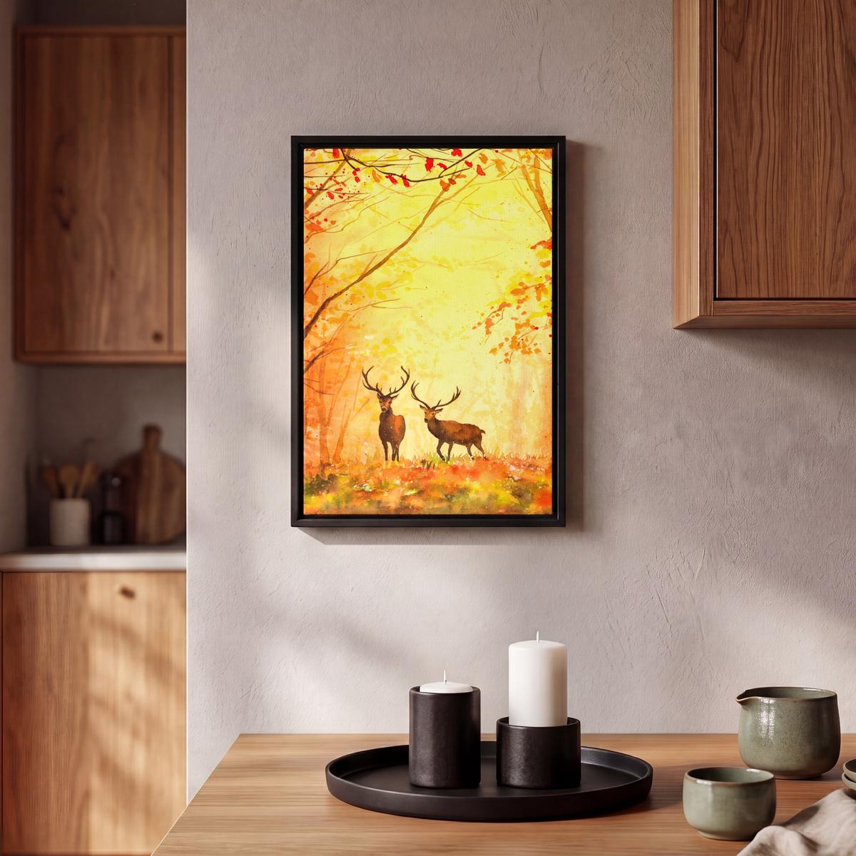 LEINWAND Bilder mit Rahmen - Natur - Ölfarbe - Hirsche - Tiere - Herbst - Orange - 20x30 - Orange, Textil (20/30cm) - MuchoWow