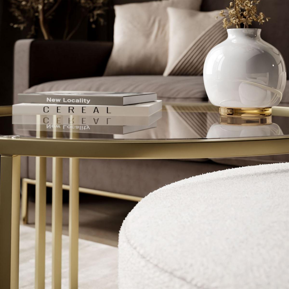 COUCHTISCH mit Hocker LORI GLASS gebürstetes Gold/transparentes Glas/Coral 65 - Transparent, Metall (70/70/49cm) - Lookway