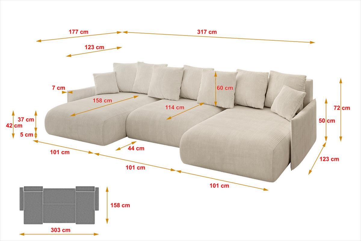 WOHNLANDSCHAFT mit Schlaffunktion und Bettkasten ONESK-U-v1 317x177x72 Beige Cord - Beige, Holzwerkstoff/Kunststoff (317/72/177cm) - ALTDECOR