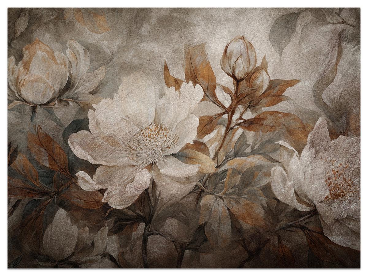 FOTOTAPETE für Wohnzimmer Blumen Blätter Pflanzen Natur Retro Stil 100x70 - Beige/Orange, Papier (100/70cm) - Muralo