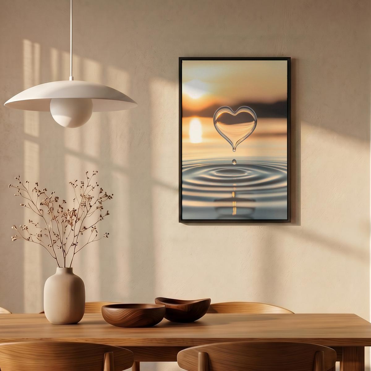 LEINWAND Bilder mit Rahmen - Herz - Wasser - Sonnenuntergang - Natur - Zen - 40x60 - Bernsteinfarben, Textil (40/60cm) - MuchoWow