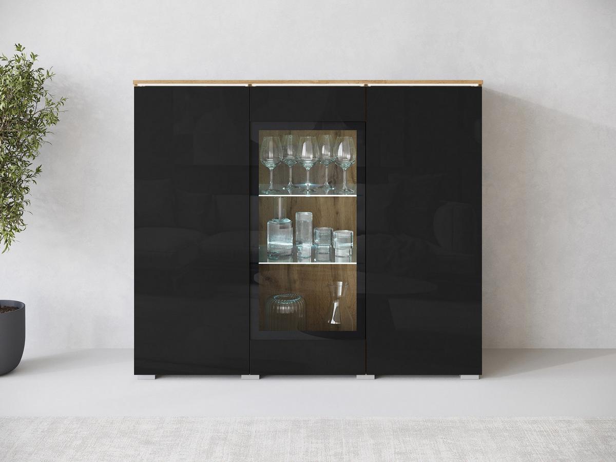 KOMMODE Vera 120 mit weißer LED Beleuchtung - Schwarz Hochglanz/Eiche Wotan, Holzwerkstoff/Kunststoff (120/104/40cm) - MIRJAN24