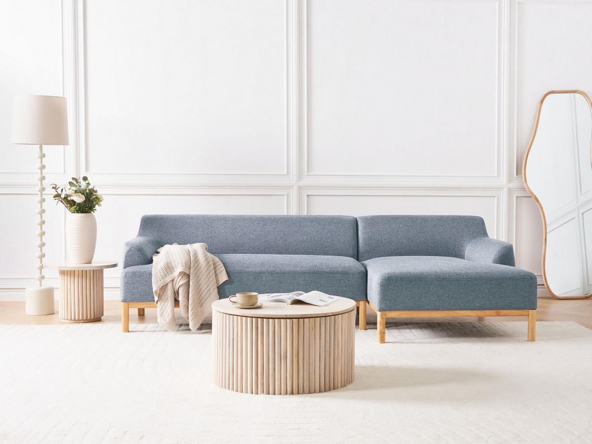 ECKSOFA Stoff Blau linksseitig Sosjo - Blau/Braun, Textil (251/132cm) - Beliani
