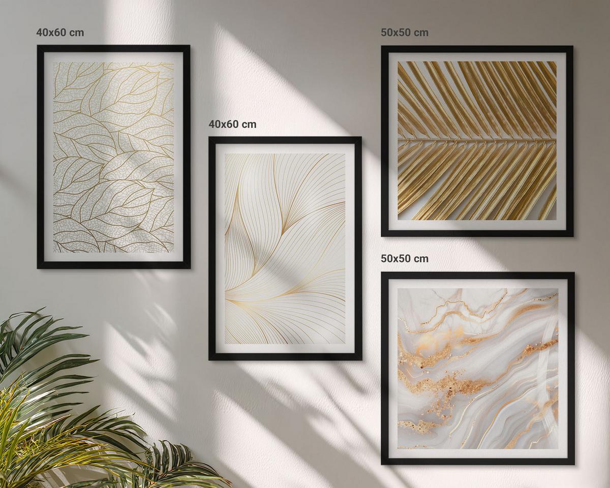 BILDER SET 4er Set - 50x50 cm & 40x60 cm Schwarzer Rahmen - Blattmuster Marmor abstrakt - Schwarz, Kunststoff (50/50cm) - TULUP