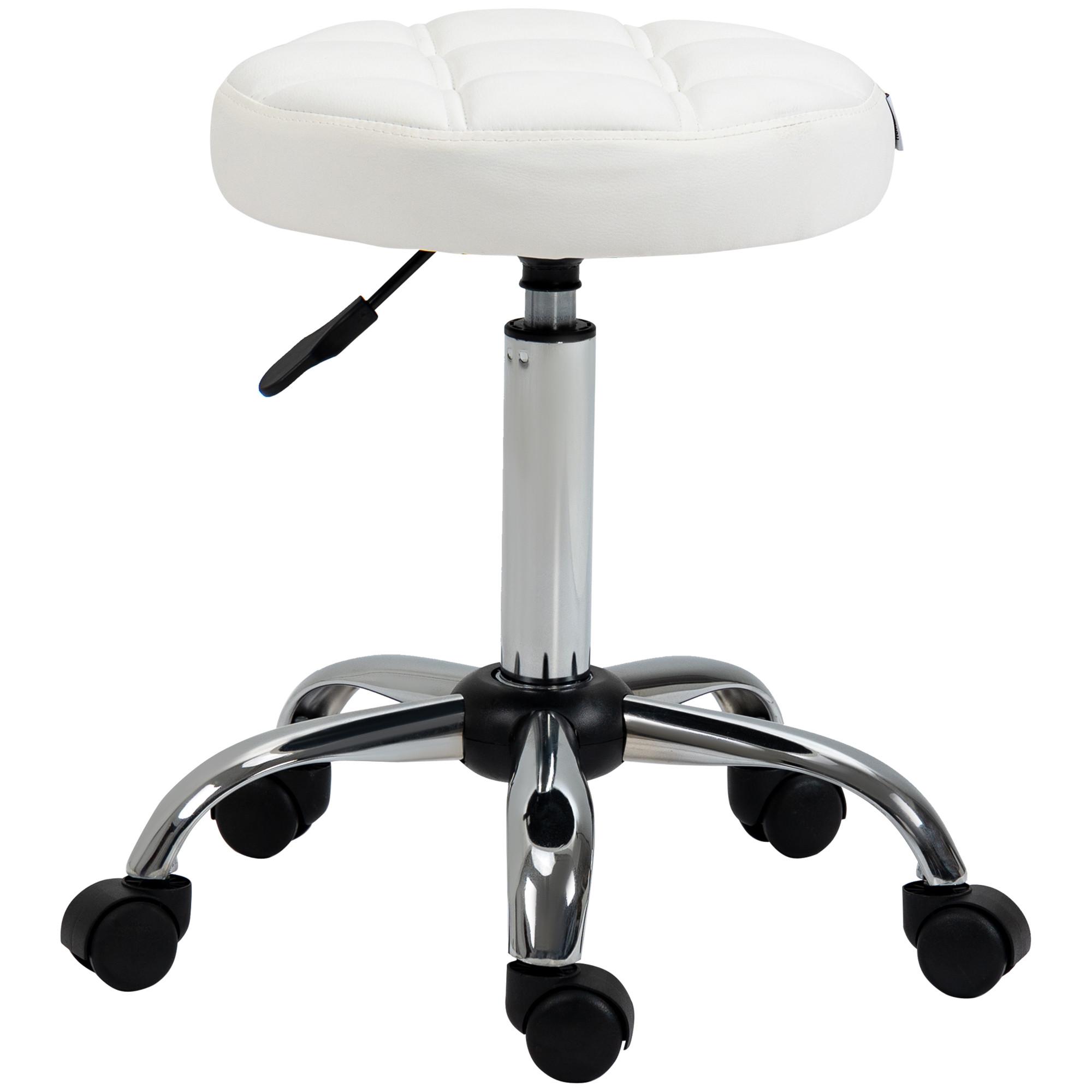 ROLLHOCKER Höhenverstellbarer Arbeitshocker, Drehbarer Salon Hocker für Büro - Weiß, Leder (35.5/67/35.5cm) - HOMCOM