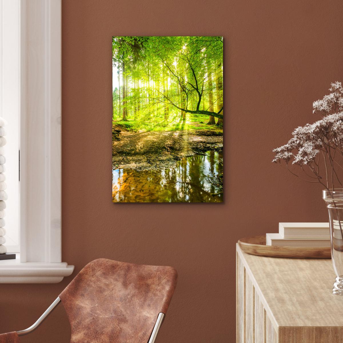METALLBILD Wald - Landschaft - Wasser - Bäume - Sonne - Grün - Natur Deko Schlafzimmer 40x60 cm - Grün, Metall (40/60cm) - MuchoWow