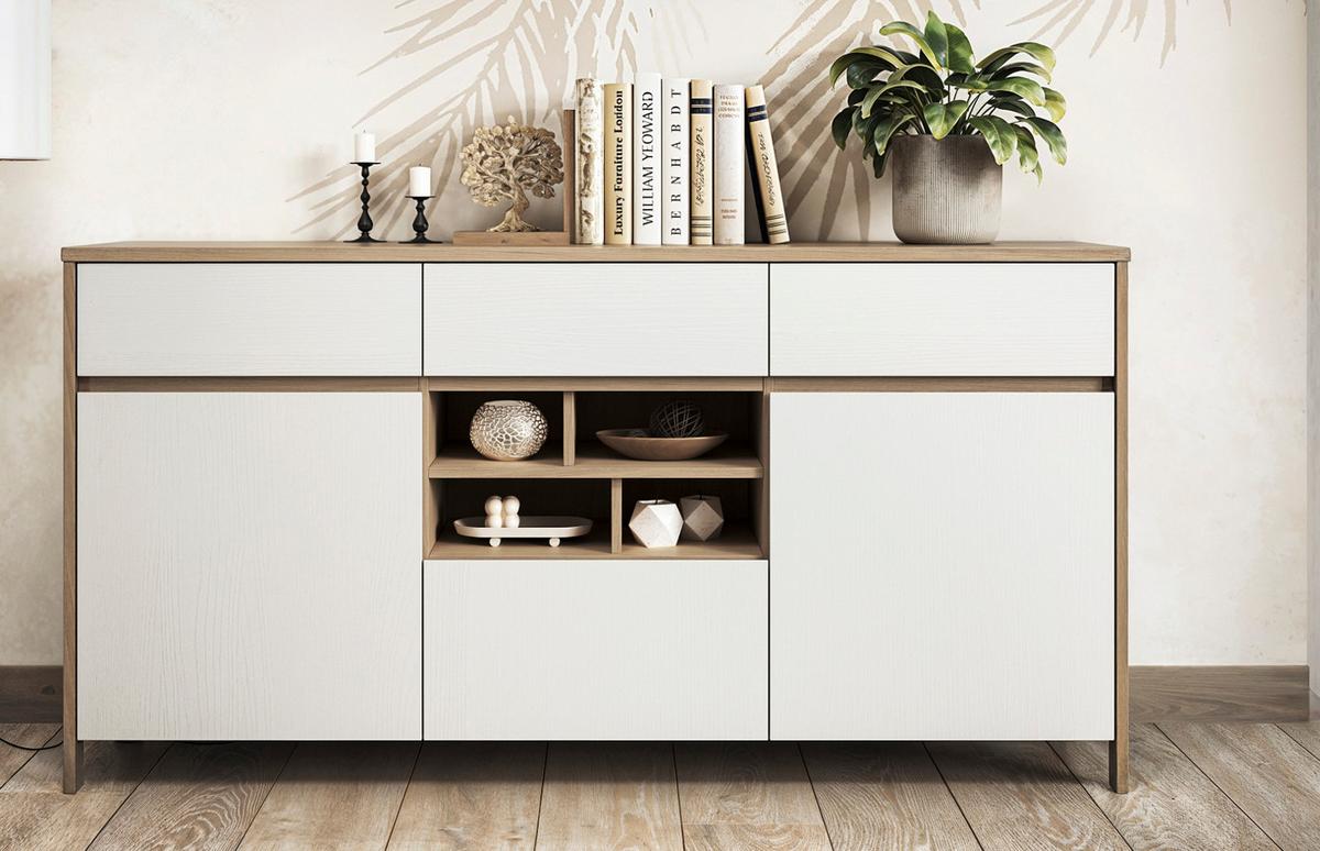 SIDEBOARD weiß und Eiche, Kommode skandinavisch 164 x 85 cm mit Soft-Close-Funktion - Eichefarben/Weiß, Holzwerkstoff/Metall (164/85/39cm) - Furn.Design