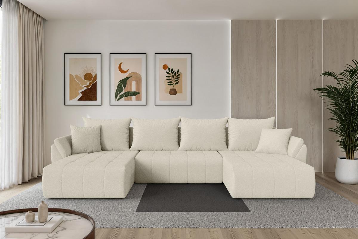 WOHNLANDSCHAFT mit Schlaffunktion und Bettkasten TOKO-U 378x194x86 Beige Bouclé - Sandfarben/Beige, Holzwerkstoff/Kunststoff (378/86/194cm) - ALTDECOR