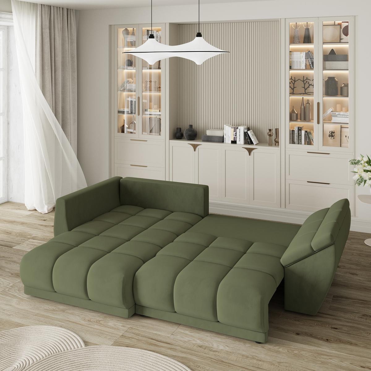 ECKSOFA ORENTI L-S Grün Velours-Stoff mit Schlaffunktion - Grün, Holz (287/182cm) - MASSENO